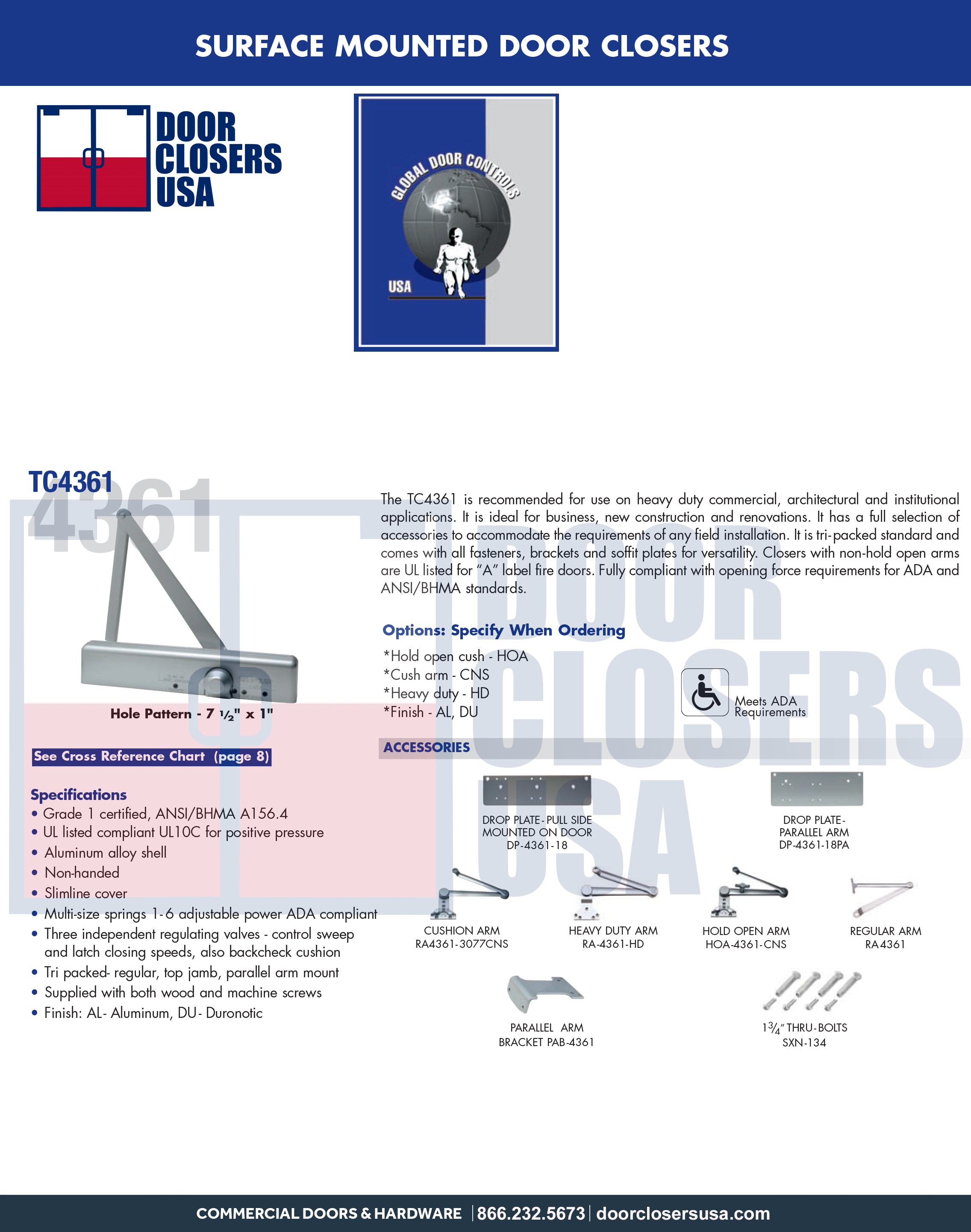 Global Door Controls TC4361 Series Door Closer - Adjustable Size 1-6 ...