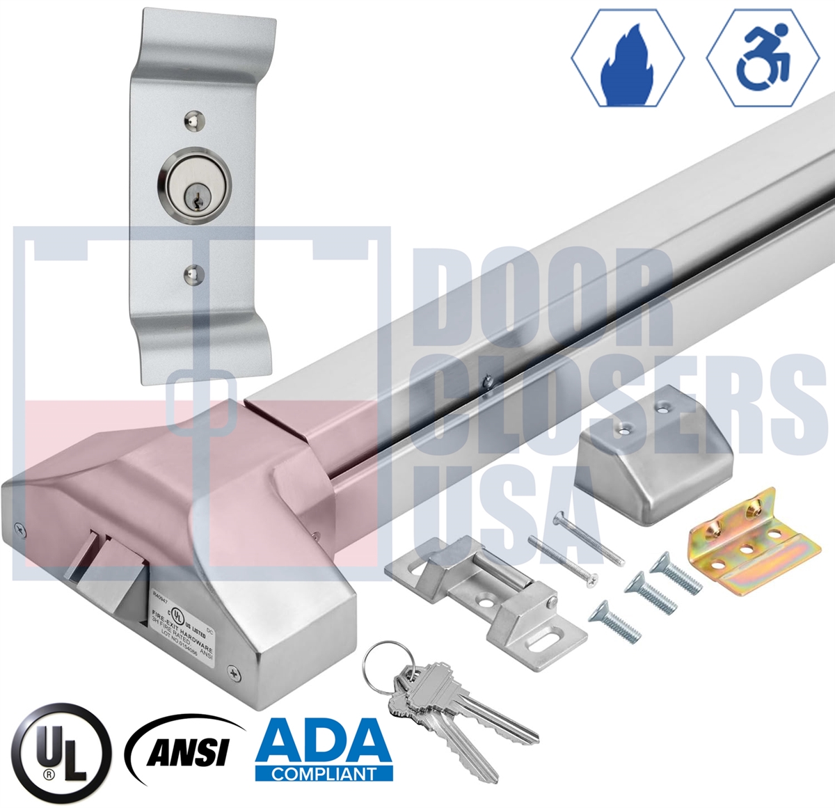 Fire Riser Wheel Lock ES4 Fire Rated Rim Exit Device W/ Outside Pull Handle and Lock Cylinder ...